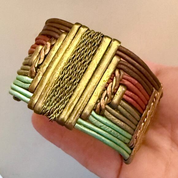 Vintage Alexis Kirk 70s Brass Leather Tribal Jewelry Set - Picture 8 of 12